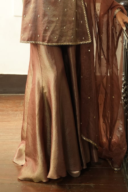Enamour By Radha Chocolate Silk, Organza Beads, Sequins, Embroidery, Zari Kurta Sharara Set Online at Aza Fashions Enamour By Radha_Chocolate Silk, Organza Beads, Sequins, Embroidery, Zari Kurta Sharara Set _Online_at_Aza_Fashions