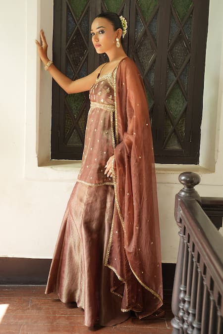 Buy_Enamour By Radha_Chocolate Silk, Organza Beads, Sequins, Embroidery, Zari Kurta Sharara Set _Online_at_Aza_Fashions