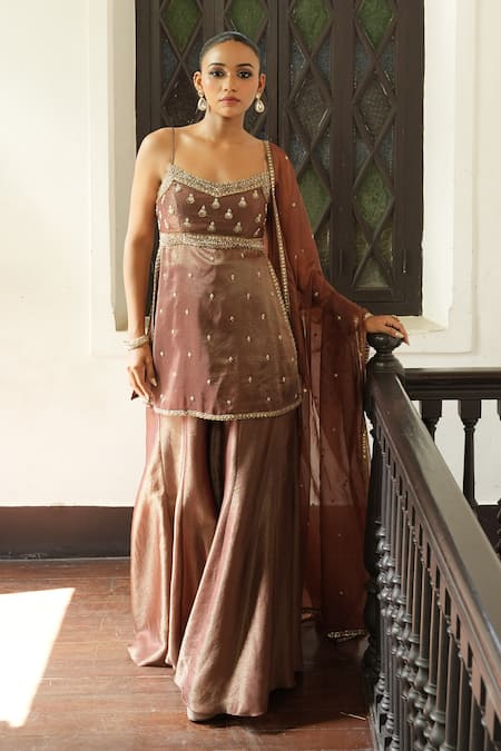 Enamour By Radha_Chocolate Silk, Organza Beads, Sequins, Embroidery, Zari Kurta Sharara Set _at_Aza_Fashions
