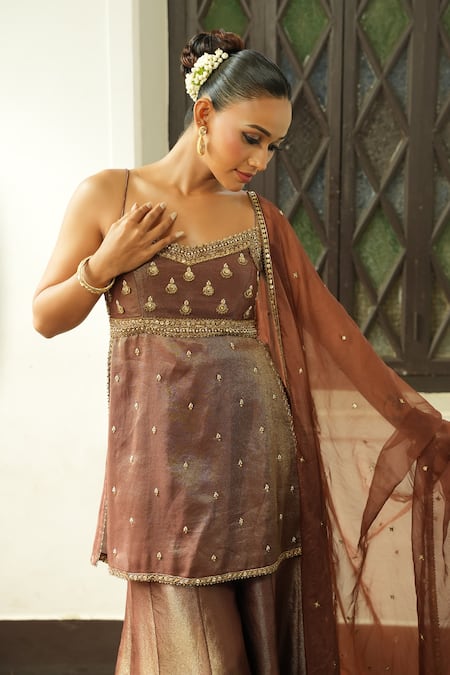 Buy_Enamour By Radha_Chocolate Silk, Organza Beads, Sequins, Embroidery, Zari Kurta Sharara Set 