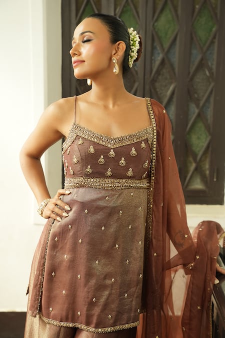 Shop_Enamour By Radha_Chocolate Silk, Organza Beads, Sequins, Embroidery, Zari Kurta Sharara Set 
