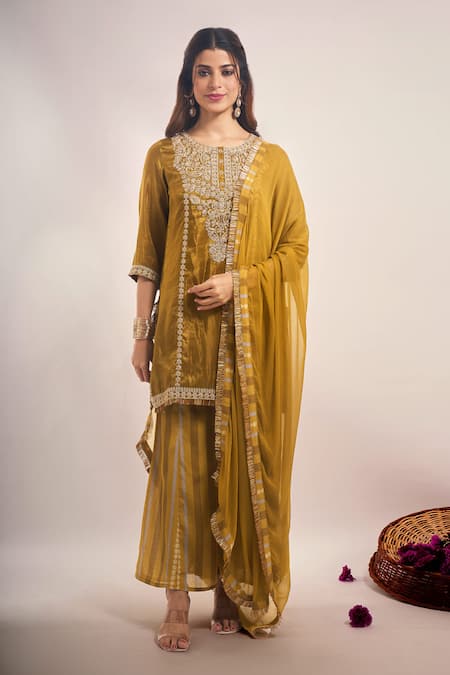Samyukta Singhania Olive Green Tissue, Chinon, Silk, Chiffon Zari, Shimmer Dori Sharara Set