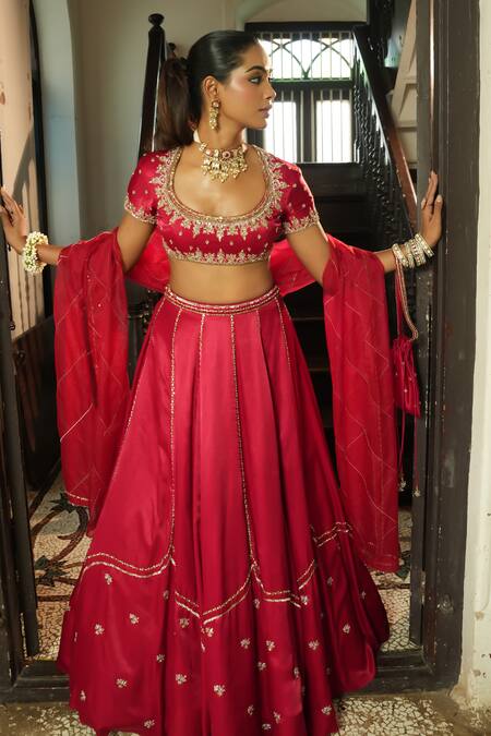 Shop_Enamour By Radha_Red Silk, Organza Embroidery, Sequins, Zari, Stones Floral Butti Lehenga Set _Online_at_Aza_Fashions