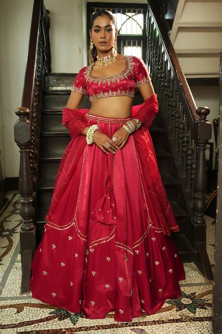 Enamour By Radha_Red Silk, Organza Embroidery, Sequins, Zari, Stones Floral Butti Lehenga Set _at_Aza_Fashions
