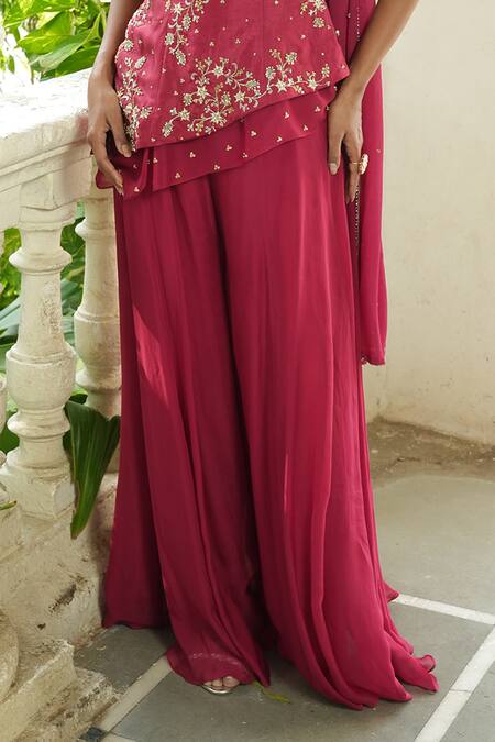 Enamour By Radha Red Silk, Chinon, Chiffon Zari, Sequins, Embroidery, Floral Top Sharara Set Online at Aza Fashions Enamour By Radha_Red Silk, Chinon, Chiffon Zari, Sequins, Embroidery, Floral Top Sharara Set _Online_at_Aza_Fashions