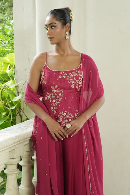 Buy_Enamour By Radha_Red Silk, Chinon, Chiffon Zari, Sequins, Embroidery, Floral Top Sharara Set _Online_at_Aza_Fashions