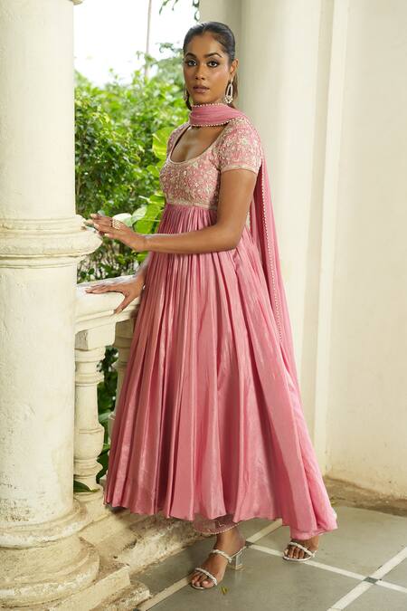 Buy_Enamour By Radha_Pink Silk, Shantoon, Chinon, Chiffon, Organza Sequins, Zari, Pastel Anarkali Set _Online_at_Aza_Fashions