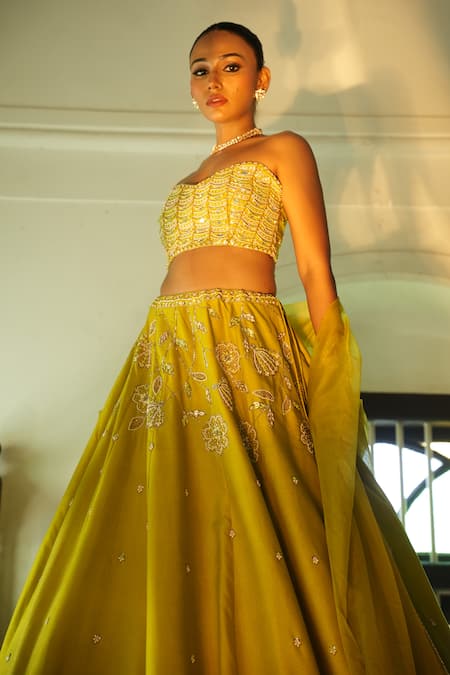 Enamour By Radha_Lime , , Embroidery, Beads, Strapless Blouse Lehenga Set _Online_at_Aza_Fashions