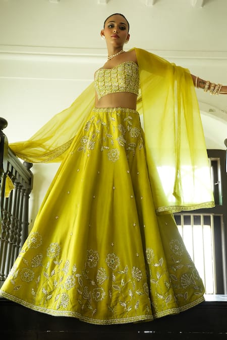 Buy_Enamour By Radha_Lime , , Embroidery, Beads, Strapless Blouse Lehenga Set _Online_at_Aza_Fashions