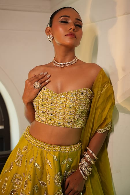 Buy_Enamour By Radha_Lime , , Embroidery, Beads, Strapless Blouse Lehenga Set 