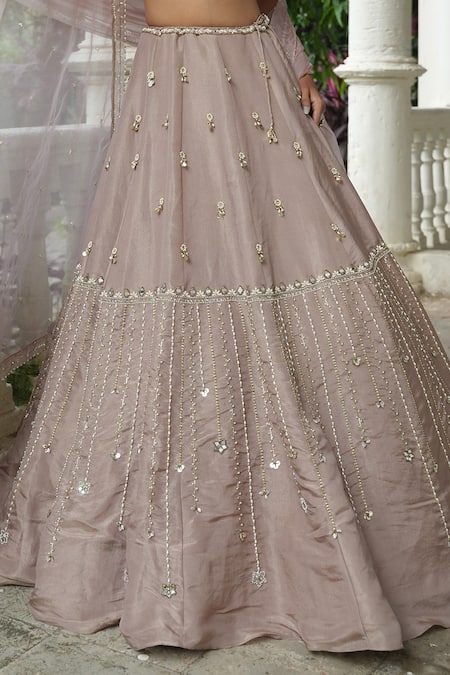 Shop_Enamour By Radha_Beige Silk, Organza Beads, Pearls, Sequins, Embroidery Zari Lehenga Set _Online_at_Aza_Fashions