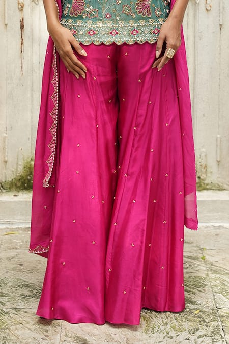 Enamour By Radha Blue Silk, Chinon, Chiffon Embroidery, Pearls V-neck Zari Top Sharara Set Online at Aza Fashions Enamour By Radha_Blue Silk, Chinon, Chiffon Embroidery, Pearls V-neck Zari Top Sharara Set _Online_at_Aza_Fashions