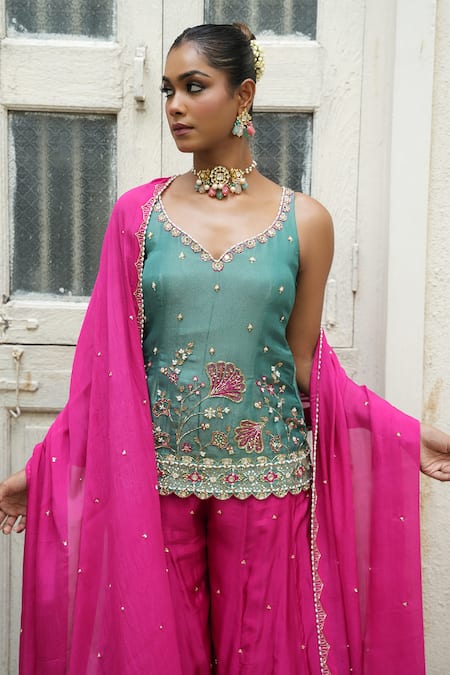 Buy_Enamour By Radha_Blue Silk, Chinon, Chiffon Embroidery, Pearls V-neck Zari Top Sharara Set _Online_at_Aza_Fashions