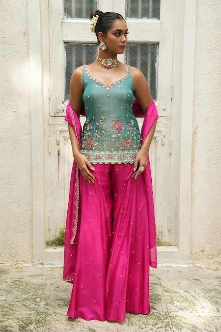 Enamour By Radha_Blue Silk, Chinon, Chiffon Embroidery, Pearls V-neck Zari Top Sharara Set _at_Aza_Fashions