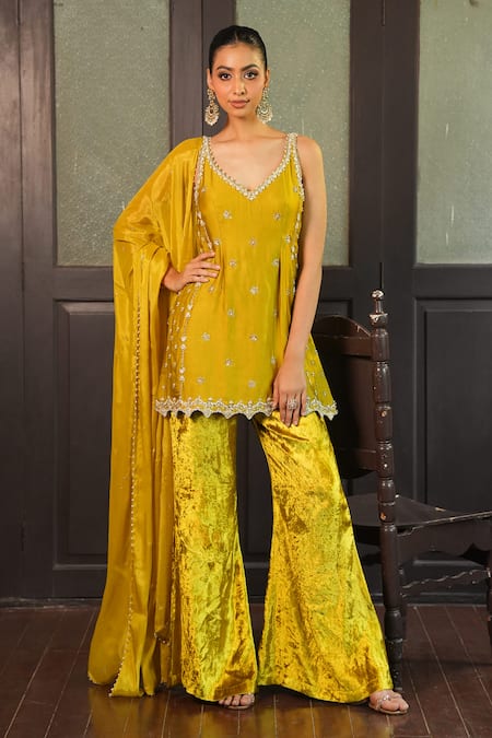 Shop Enamour By Radha Lime Tissue, Silk, Velvet, Chinon, Chiffon Pearls, Stones, Kurta Pant Set Online at Aza Fashions Shop_Enamour By Radha_Lime Tissue, Silk, Velvet, Chinon, Chiffon Pearls, Stones, Kurta Pant Set _Online_at_Aza_Fashions