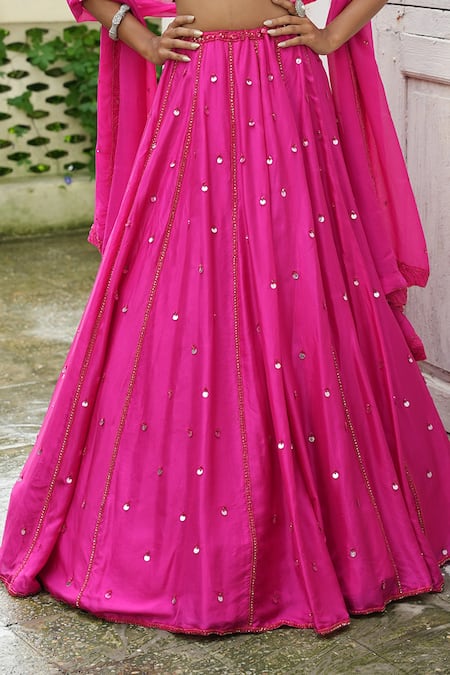 Enamour By Radha_Fuchsia Dupion, Silk, Organza Sequins, Beads, Embroidery Scattered Lehenga Set _Online_at_Aza_Fashions