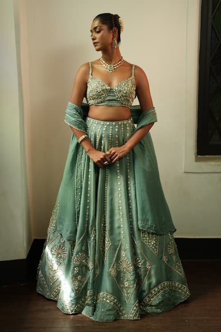 Enamour By Radha_Blue Silk, Organza Zari, Sequins, Pearls, Beads, Embroidery V-neck Lehenga Set _Online_at_Aza_Fashions