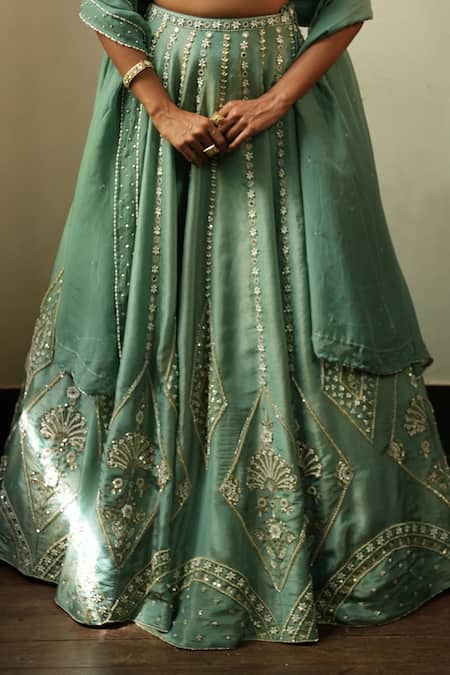 Shop Enamour By Radha Blue Silk, Organza Zari, Sequins, Pearls, Beads, Embroidery V-neck Lehenga Set Online at Aza Fashions Shop_Enamour By Radha_Blue Silk, Organza Zari, Sequins, Pearls, Beads, Embroidery V-neck Lehenga Set _Online_at_Aza_Fashions