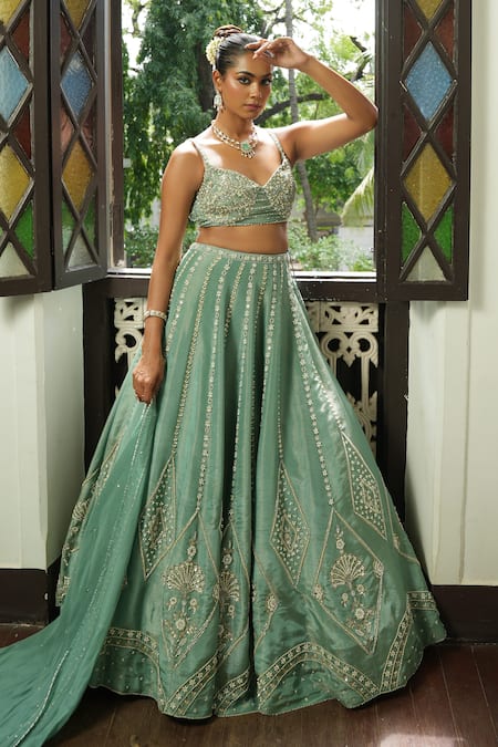Enamour By Radha_Blue Silk, Organza Zari, Sequins, Pearls, Beads, Embroidery V-neck Lehenga Set _at_Aza_Fashions