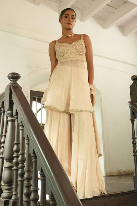 Buy_Enamour By Radha_Ivory Silk, Chinon, Chiffon Embroidery, Sequins, Resham Short Kalidar Kurta Set _Online_at_Aza_Fashions