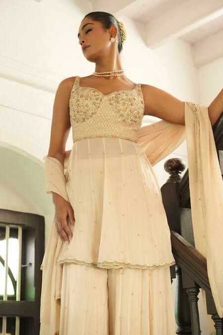 Shop_Enamour By Radha_Ivory Silk, Chinon, Chiffon Embroidery, Sequins, Resham Short Kalidar Kurta Set _Online_at_Aza_Fashions