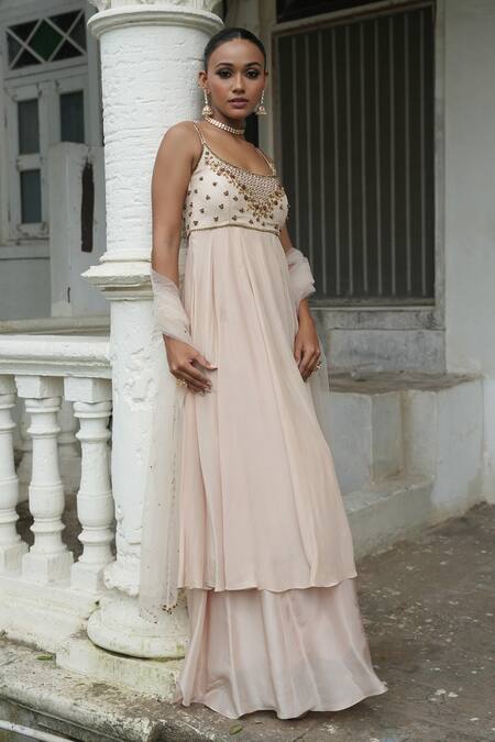 Enamour By Radha_Ivory Net, Silk Sequins, Beads, Pearls Embroidered Strappy Anarkali Sharara Set _Online_at_Aza_Fashions