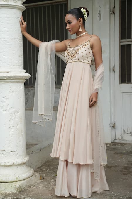 Buy_Enamour By Radha_Ivory Net, Silk Sequins, Beads, Pearls Embroidered Strappy Anarkali Sharara Set _Online_at_Aza_Fashions