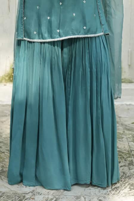 Enamour By Radha Turquoise Silk, Muslin, Organza Embroidery, Sequins, Beads, Kurta Gharara Set Online at Aza Fashions Enamour By Radha_Turquoise Silk, Muslin, Organza Embroidery, Sequins, Beads, Kurta Gharara Set _Online_at_Aza_Fashions