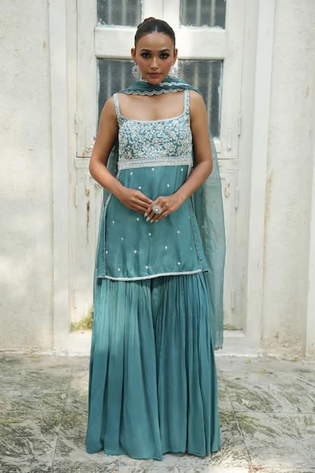 Buy_Enamour By Radha_Turquoise Silk, Muslin, Organza Embroidery, Sequins, Beads, Kurta Gharara Set _Online_at_Aza_Fashions
