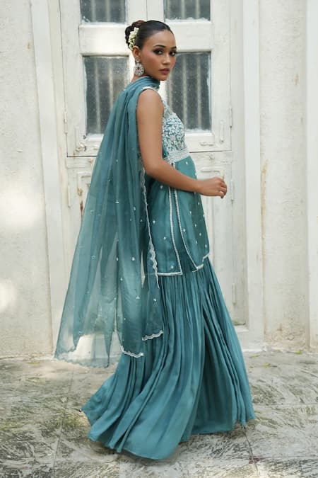 Shop_Enamour By Radha_Turquoise Silk, Muslin, Organza Embroidery, Sequins, Beads, Kurta Gharara Set _Online_at_Aza_Fashions