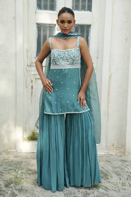Enamour By Radha_Turquoise Silk, Muslin, Organza Embroidery, Sequins, Beads, Kurta Gharara Set _at_Aza_Fashions
