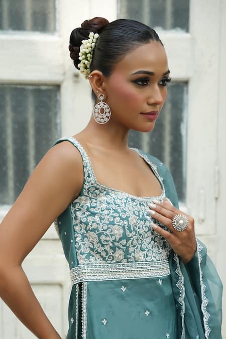 Buy_Enamour By Radha_Turquoise Silk, Muslin, Organza Embroidery, Sequins, Beads, Kurta Gharara Set 