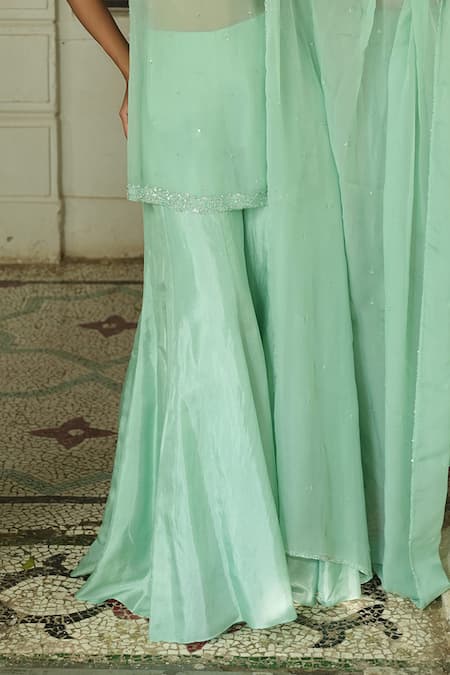 Enamour By Radha Green Chinon, Chiffon, Silk, Organza Pleated Embroidered Yoke Kurta Sharara Set Online at Aza Fashions Enamour By Radha_Green Chinon, Chiffon, Silk, Organza Pleated Embroidered Yoke Kurta Sharara Set _Online_at_Aza_Fashions