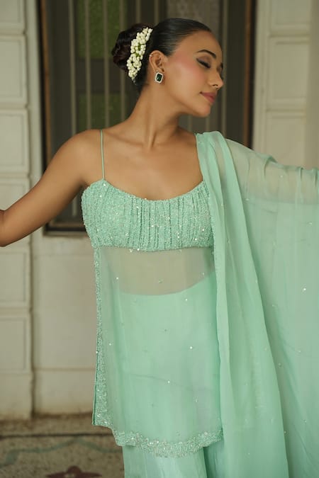 Buy_Enamour By Radha_Green Chinon, Chiffon, Silk, Organza Pleated Embroidered Yoke Kurta Sharara Set _Online_at_Aza_Fashions