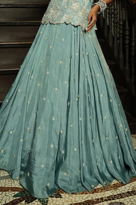 Enamour By Radha_Sky Blue Silk, Organza Beads, Cut Work, Embroidery Floral Kurta Lehenga Set _Online_at_Aza_Fashions