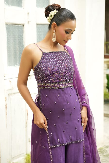 Buy_Enamour By Radha_Purple Silk, Organza Sequins, Beads, Tonal Floral Embroidered Kurta Sharara Set _Online_at_Aza_Fashions