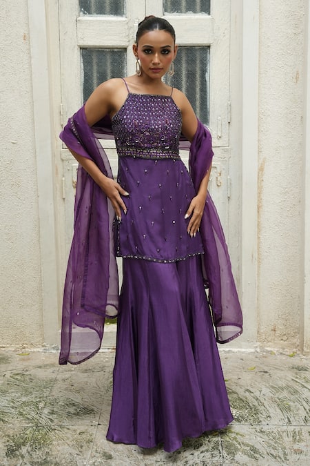 Enamour By Radha Tonal Floral Embroidered Kurta Sharara Set 