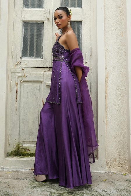 Shop Enamour By Radha Purple Silk, Organza Sequins, Beads, Tonal Floral Embroidered Kurta Sharara Set Online at Aza Fashions Shop_Enamour By Radha_Purple Silk, Organza Sequins, Beads, Tonal Floral Embroidered Kurta Sharara Set _Online_at_Aza_Fashions