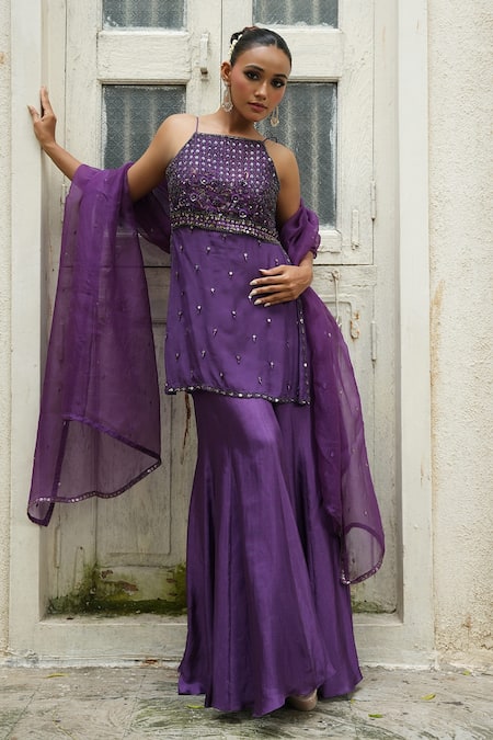 Enamour By Radha_Purple Silk, Organza Sequins, Beads, Tonal Floral Embroidered Kurta Sharara Set _at_Aza_Fashions