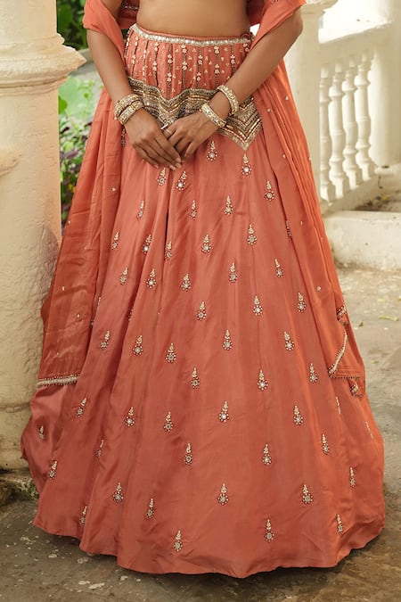 Enamour By Radha Peach Silk, Velvet, Organza Beads, Sequins, Scattered Buttis Lehenga Set Online at Aza Fashions Enamour By Radha_Peach Silk, Velvet, Organza Beads, Sequins, Scattered Buttis Lehenga Set _Online_at_Aza_Fashions