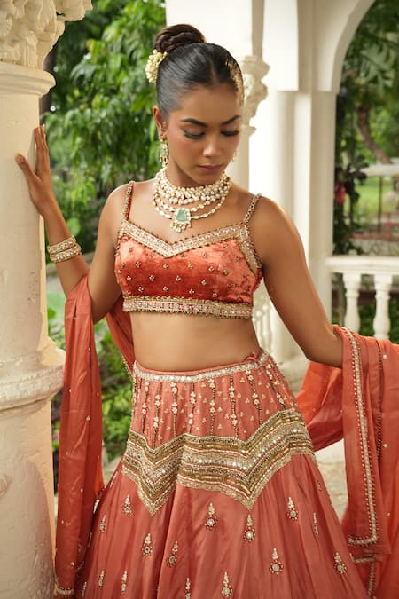 Buy_Enamour By Radha_Peach Silk, Velvet, Organza Beads, Sequins, Scattered Buttis Lehenga Set _Online_at_Aza_Fashions