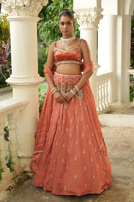 Shop_Enamour By Radha_Peach Silk, Velvet, Organza Beads, Sequins, Scattered Buttis Lehenga Set _Online_at_Aza_Fashions