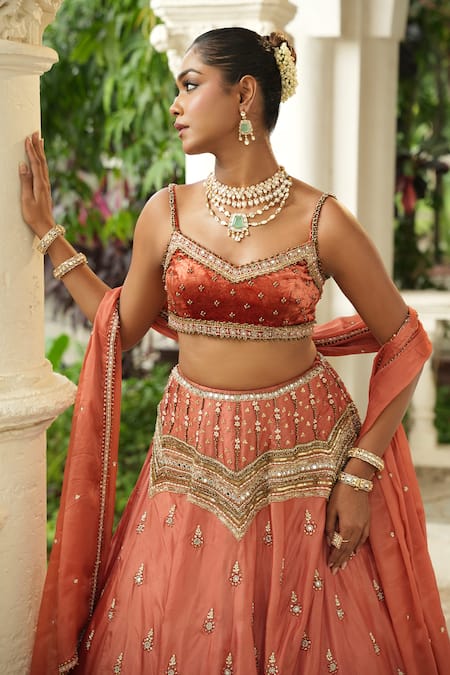 Buy_Enamour By Radha_Peach Silk, Velvet, Organza Beads, Sequins, Scattered Buttis Lehenga Set 