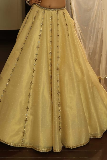 Enamour By Radha Ivory Silk, Net Beads, Sequins, Zari, Stones Square Self Gold Butti Lehenga Set Online at Aza Fashions Enamour By Radha_Ivory Silk, Net Beads, Sequins, Zari, Stones Square Self Gold Butti Lehenga Set _Online_at_Aza_Fashions