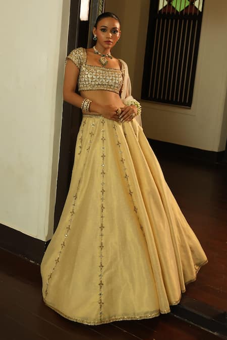 Buy_Enamour By Radha_Ivory Silk, Net Beads, Sequins, Zari, Stones Square Self Gold Butti Lehenga Set _Online_at_Aza_Fashions