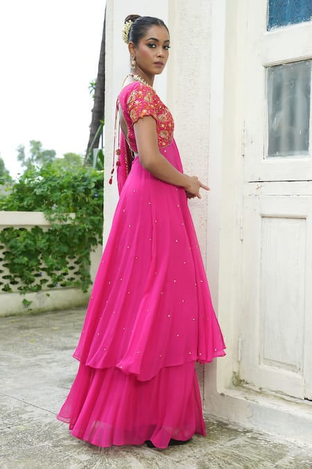 Enamour By Radha_Pink Georgette, Silk Embroidery, Sequins, Resham Detail Anarkali Sharara Set _Online_at_Aza_Fashions