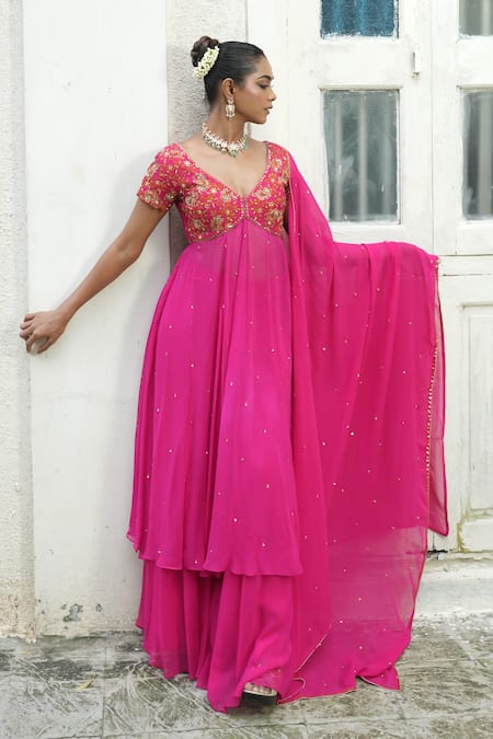 Buy_Enamour By Radha_Pink Georgette, Silk Embroidery, Sequins, Resham Detail Anarkali Sharara Set _Online_at_Aza_Fashions