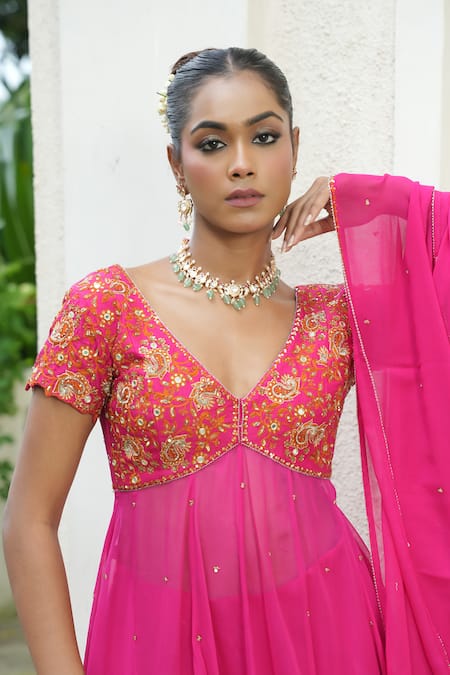 Shop_Enamour By Radha_Pink Georgette, Silk Embroidery, Sequins, Resham Detail Anarkali Sharara Set _Online_at_Aza_Fashions