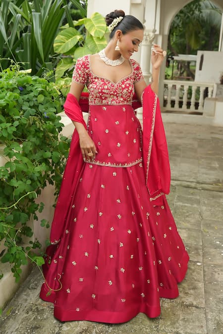 Enamour By Radha_Red Organza Zari, Pearls, Beads, Embroidery, Sequins Floral Kurta Lehenga Set _at_Aza_Fashions