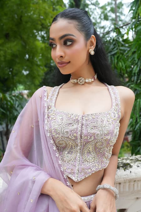 Shop_Enamour By Radha_Purple Silk, Organza Pearls, Sequins, Beads, Heavy Blouse Lehenga Set _Online_at_Aza_Fashions